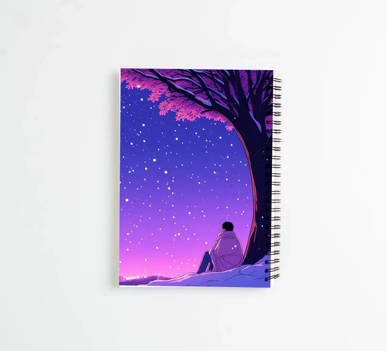 Man Sitting Beside Tree Looking At Snowfall Lofi Art spiral notebook by LoFi Gallery