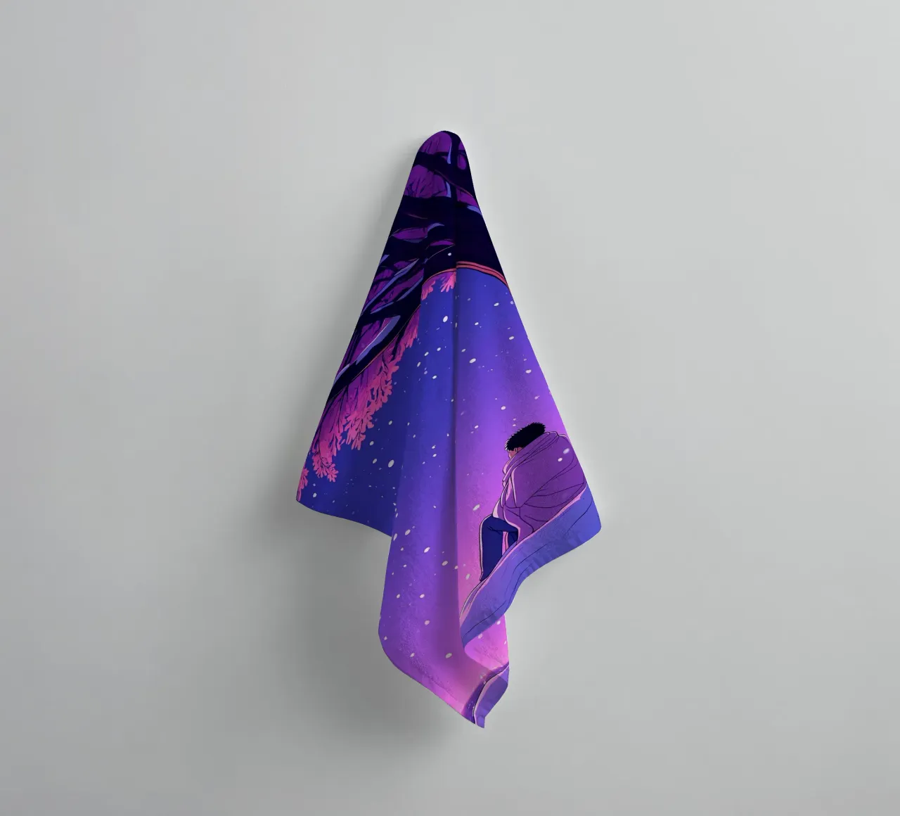 Man Sitting Beside Tree Looking At Snowfall Lofi Art towel by LoFi Gallery