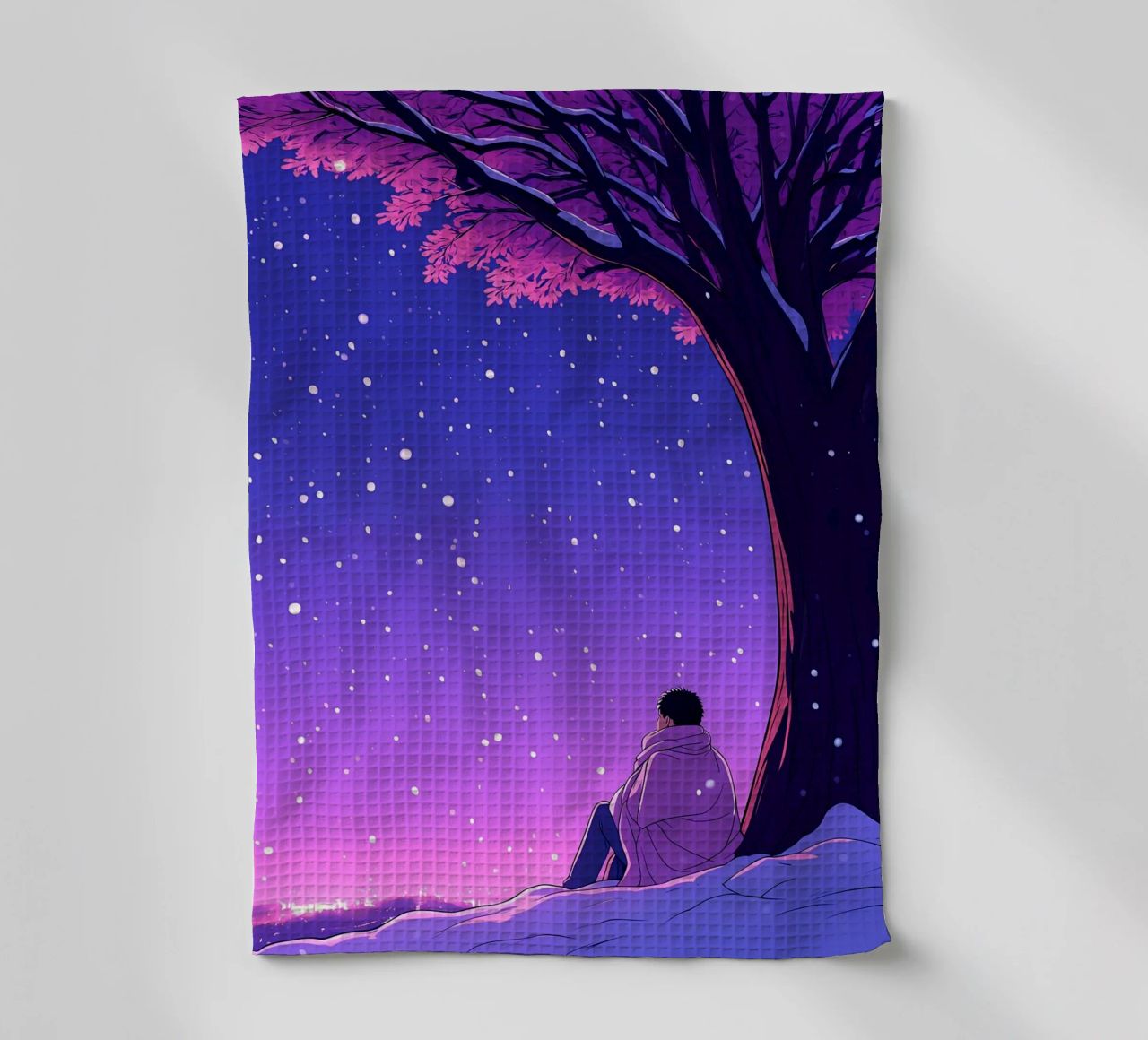 Uomo seduto accanto a un albero che guarda la nevicata Lofi Art canovaccio da cucina da LoFi Gallery