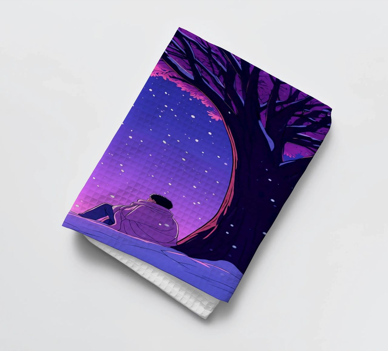 Uomo seduto accanto a un albero che guarda la nevicata Lofi Art canovaccio da cucina da LoFi Gallery