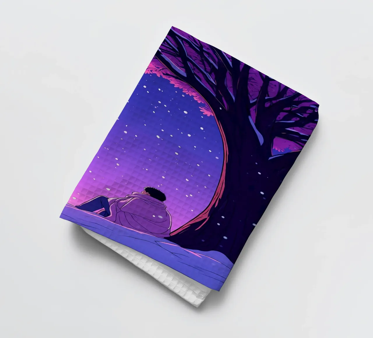 Uomo seduto accanto a un albero che guarda la nevicata Lofi Art canovaccio da cucina da LoFi Gallery