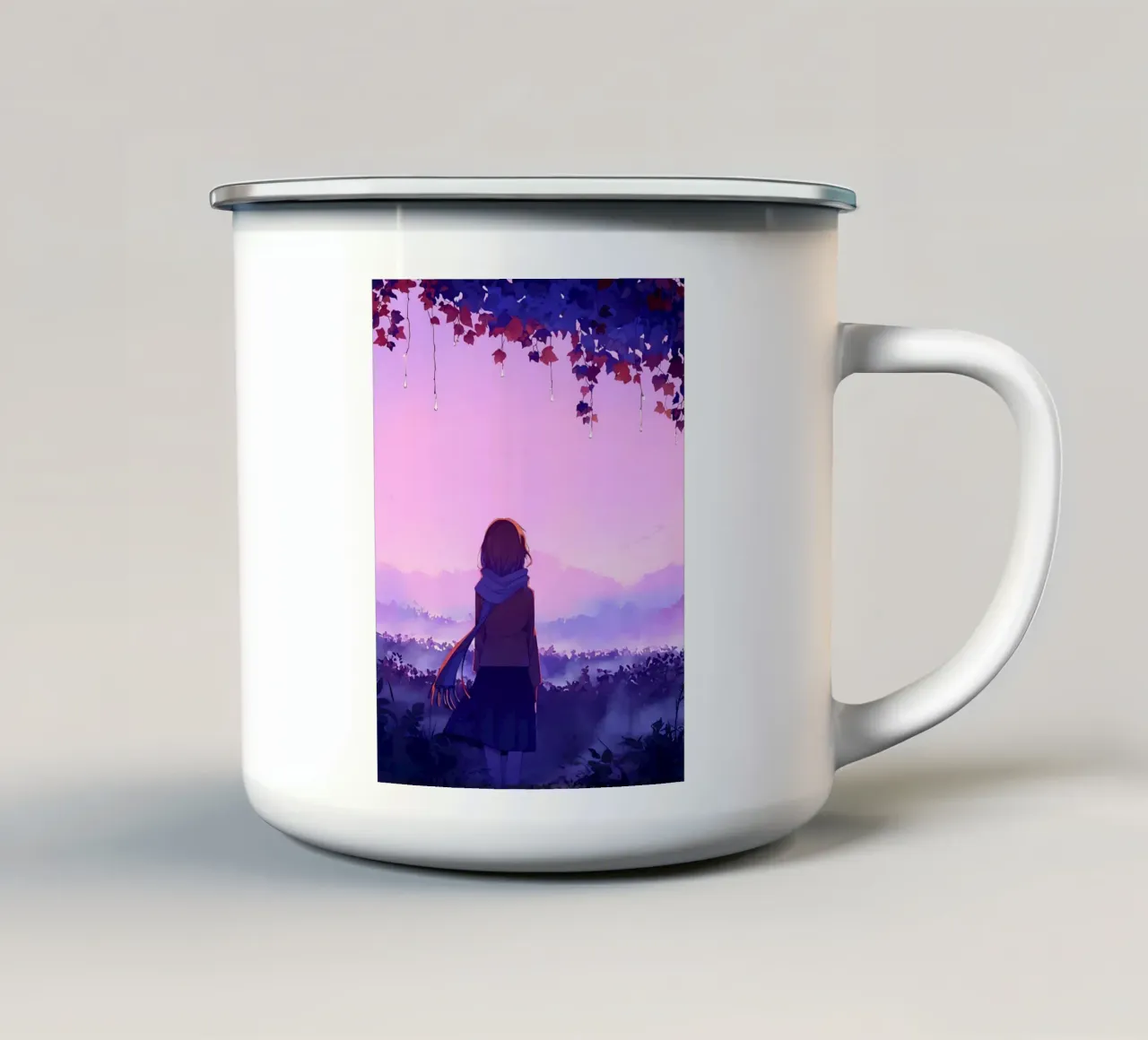 Ragazza in piedi nel vigneto di sera Lofi Art tazza in smalto da LoFi Gallery