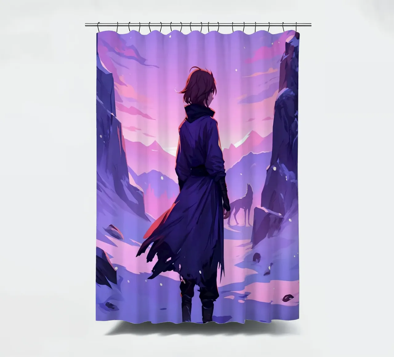 Boy Facing Wolf In A Snow Mountain Alone Lofi Art shower curtain by LoFi Gallery