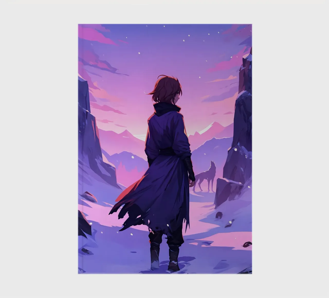 Garçon affrontant un loup dans une montagne enneigée, seul Lofi Art carnet de notes de LoFi Gallery