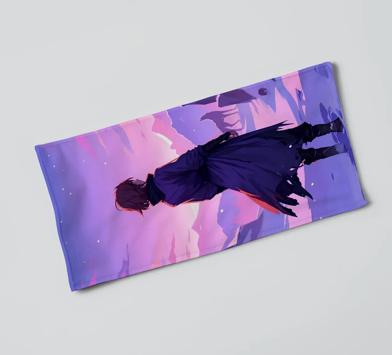 Garçon affrontant un loup dans une montagne enneigée, seul Lofi Art serviette de bain de LoFi Gallery