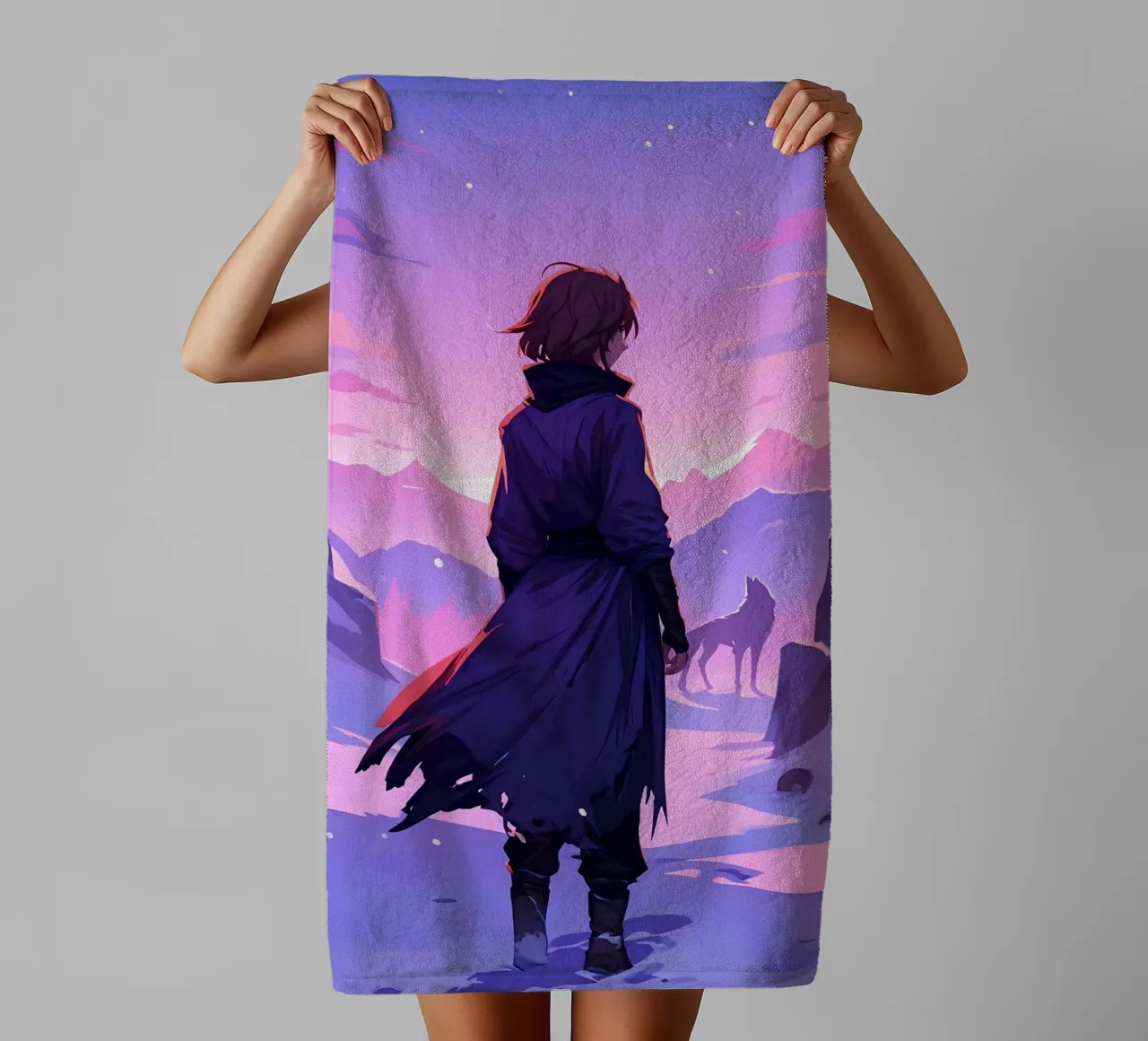 Garçon affrontant un loup dans une montagne enneigée, seul Lofi Art serviette de bain de LoFi Gallery