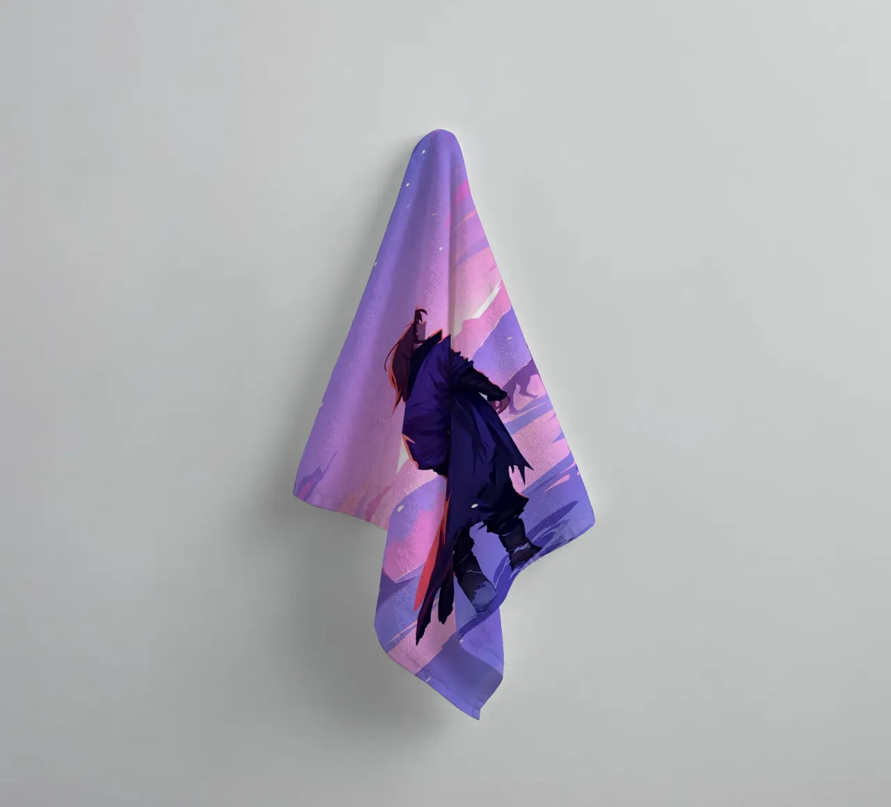 Garçon affrontant un loup dans une montagne enneigée, seul Lofi Art serviette de bain de LoFi Gallery