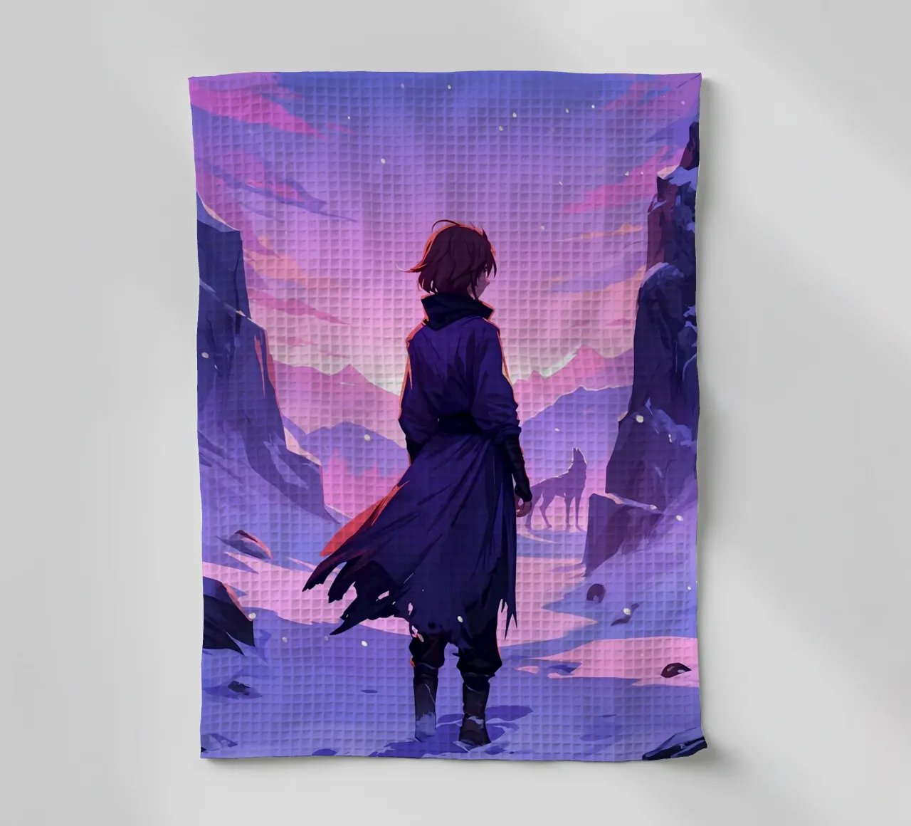Garçon affrontant un loup dans une montagne enneigée, seul Lofi Art torchon de LoFi Gallery
