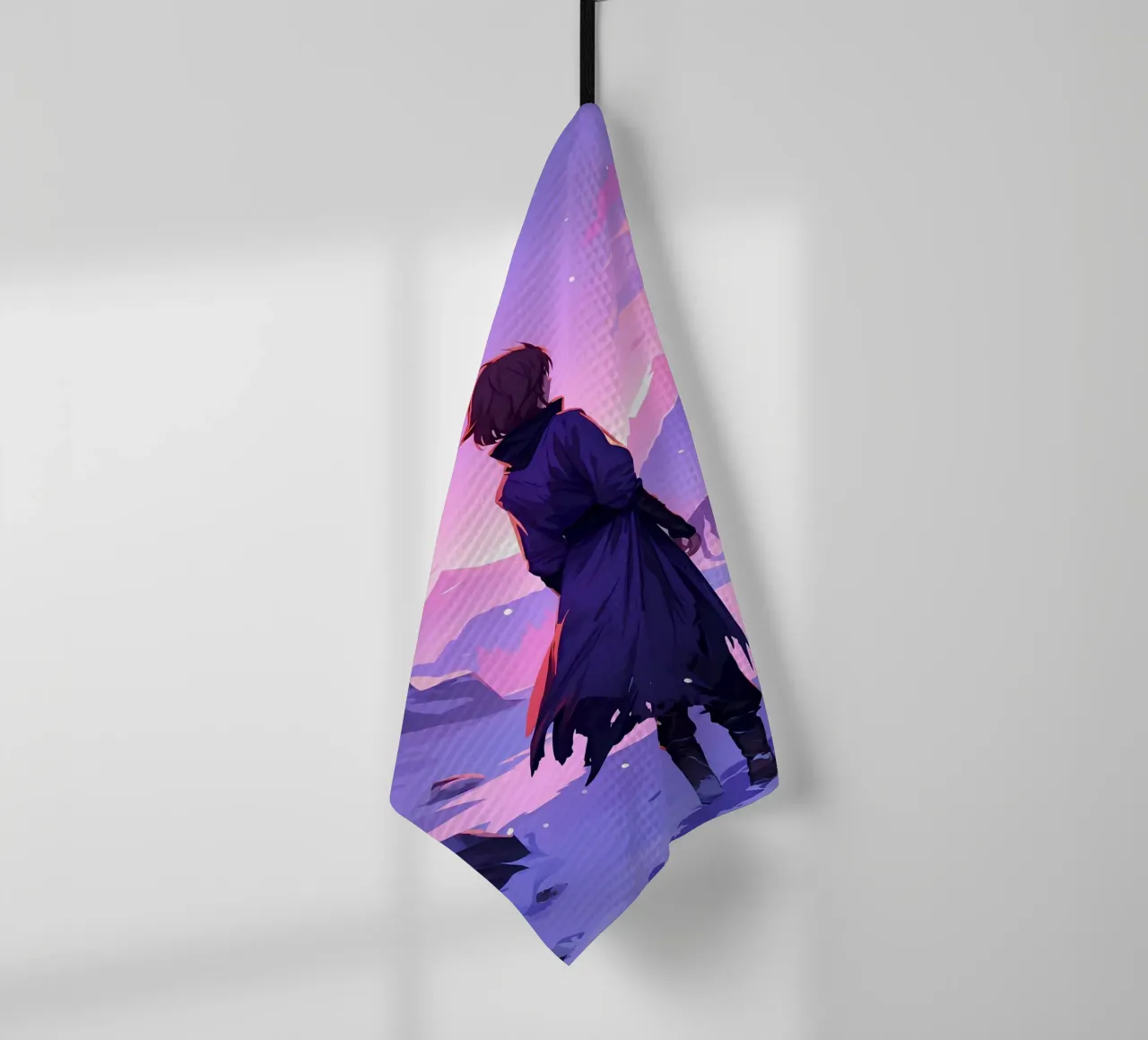 Garçon affrontant un loup dans une montagne enneigée, seul Lofi Art torchon de LoFi Gallery