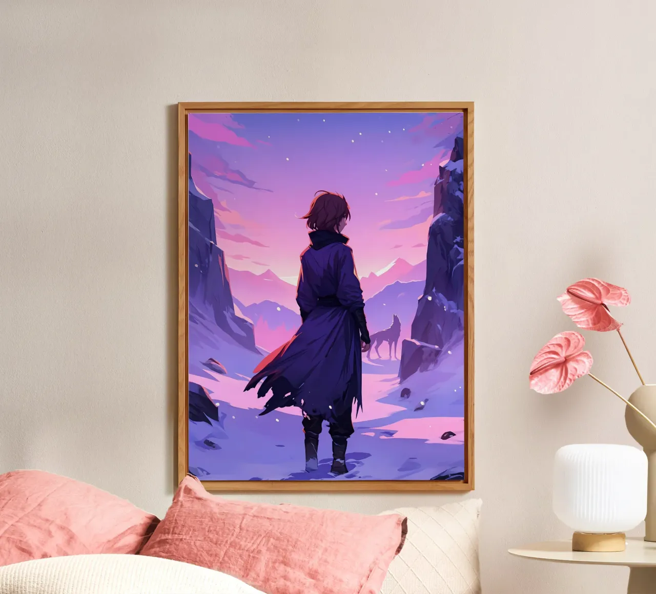 Boy Facing Wolf In A Snow Mountain Alone Lofi Art alu-dibond by LoFi Gallery
