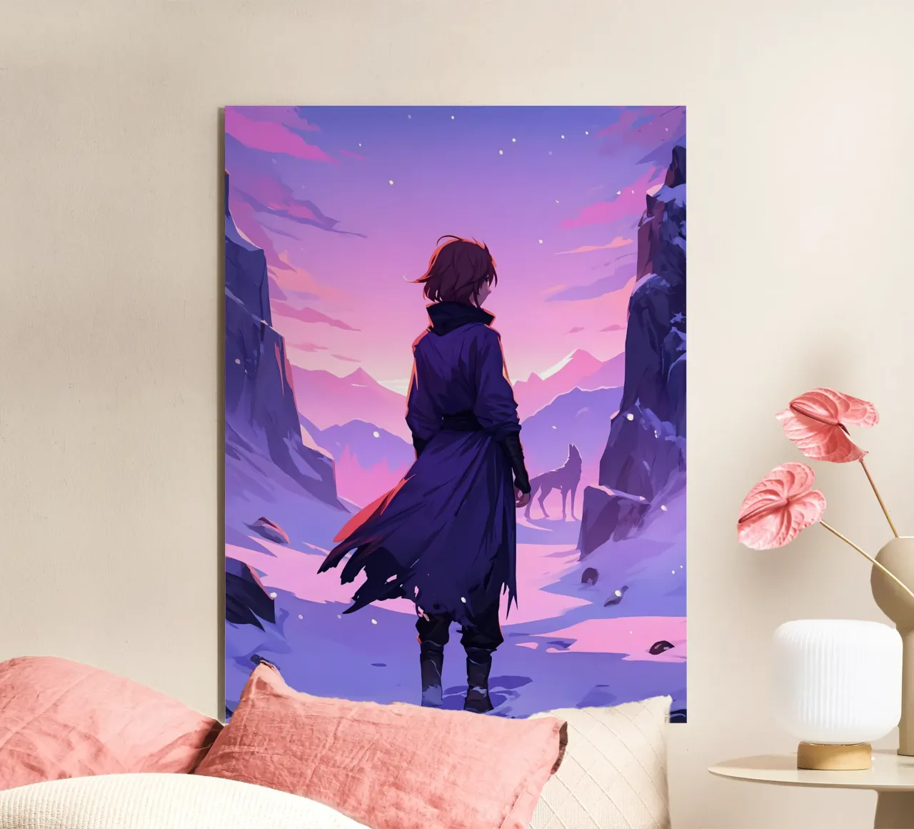 Boy Facing Wolf In A Snow Mountain Alone Lofi Art alu-dibond by LoFi Gallery