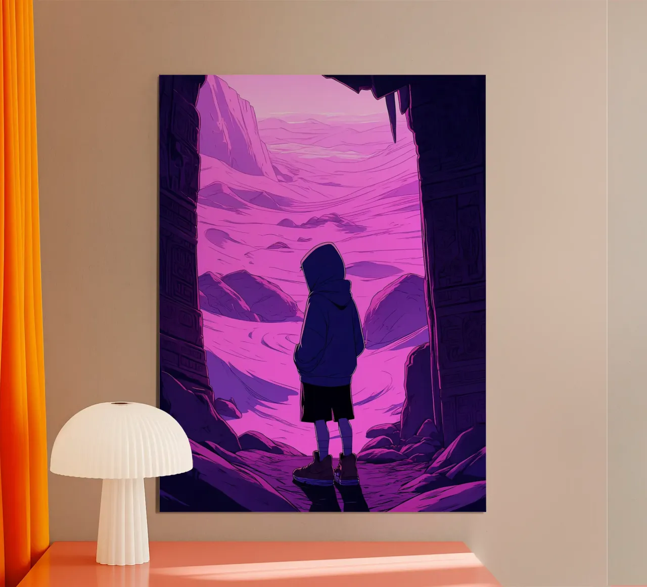 Ragazzo in piedi davanti alla porta del deserto Lofi Art poster con telaio in plastica da LoFi Gallery