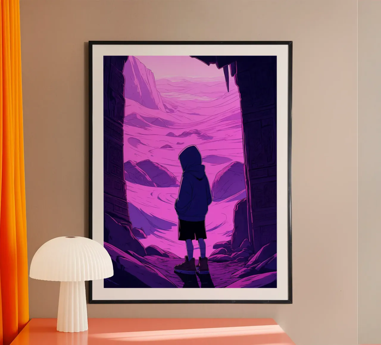 Ragazzo in piedi davanti alla porta del deserto Lofi Art poster con telaio in plastica da LoFi Gallery