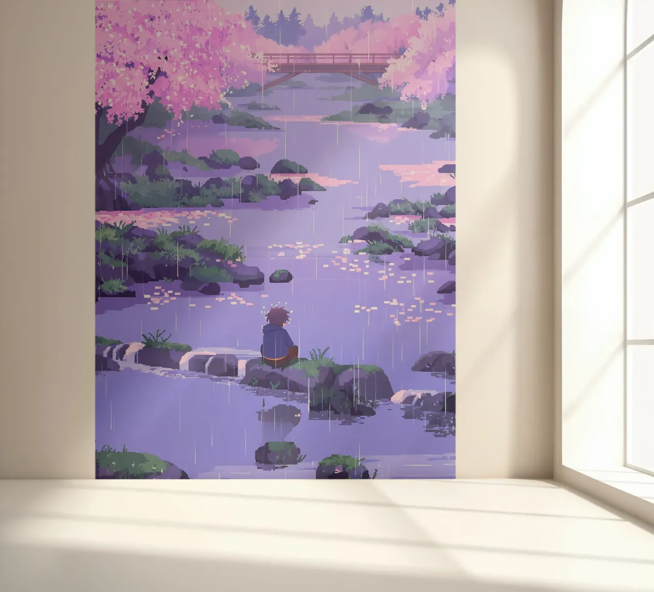 Boy Sitting On A River Rock In A Cherry Blossom Lofi Art photo wallpaper by LoFi Gallery