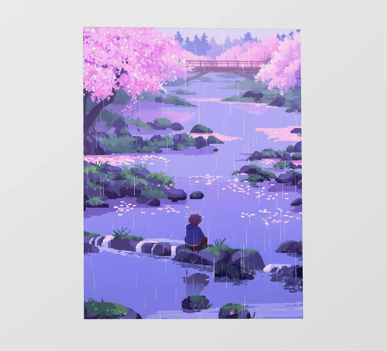 Ragazzo seduto su una roccia del fiume in un fiore di ciliegio Lofi Art telo in pvc da LoFi Gallery