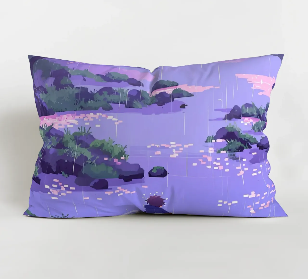 Ragazzo seduto su una roccia del fiume in un fiore di ciliegio Lofi Art cuscino da LoFi Gallery