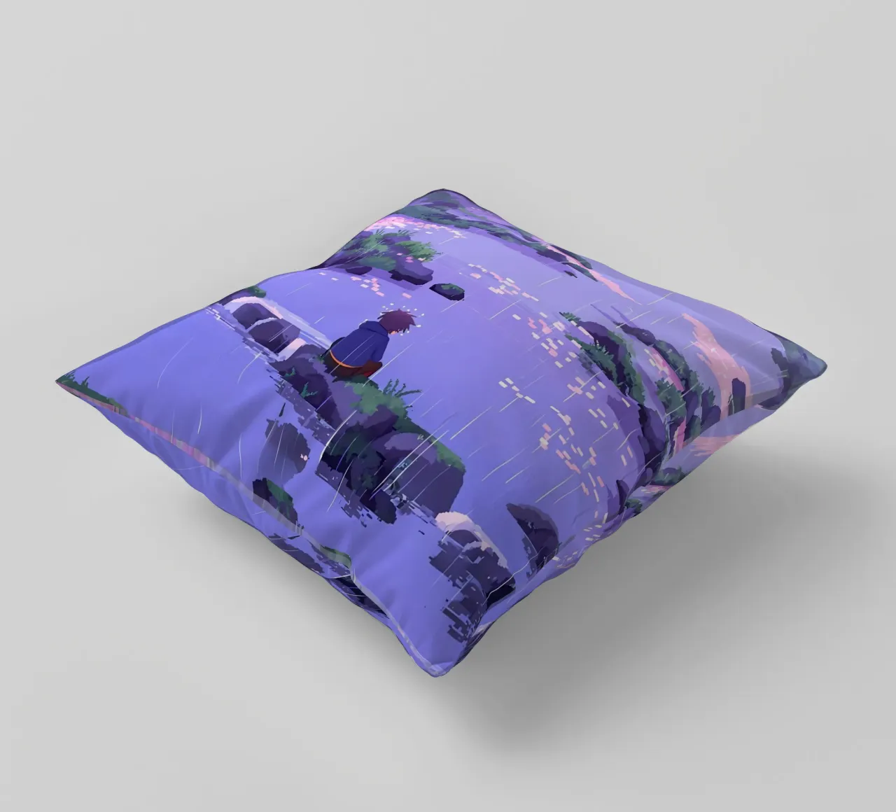 Ragazzo seduto su una roccia del fiume in un fiore di ciliegio Lofi Art cuscino da LoFi Gallery