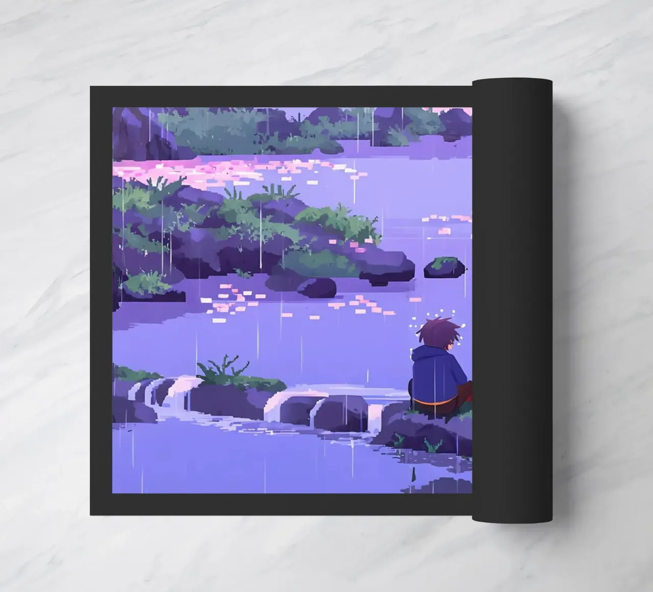 Ragazzo seduto su una roccia del fiume in un fiore di ciliegio Lofi Art zerbino da LoFi Gallery