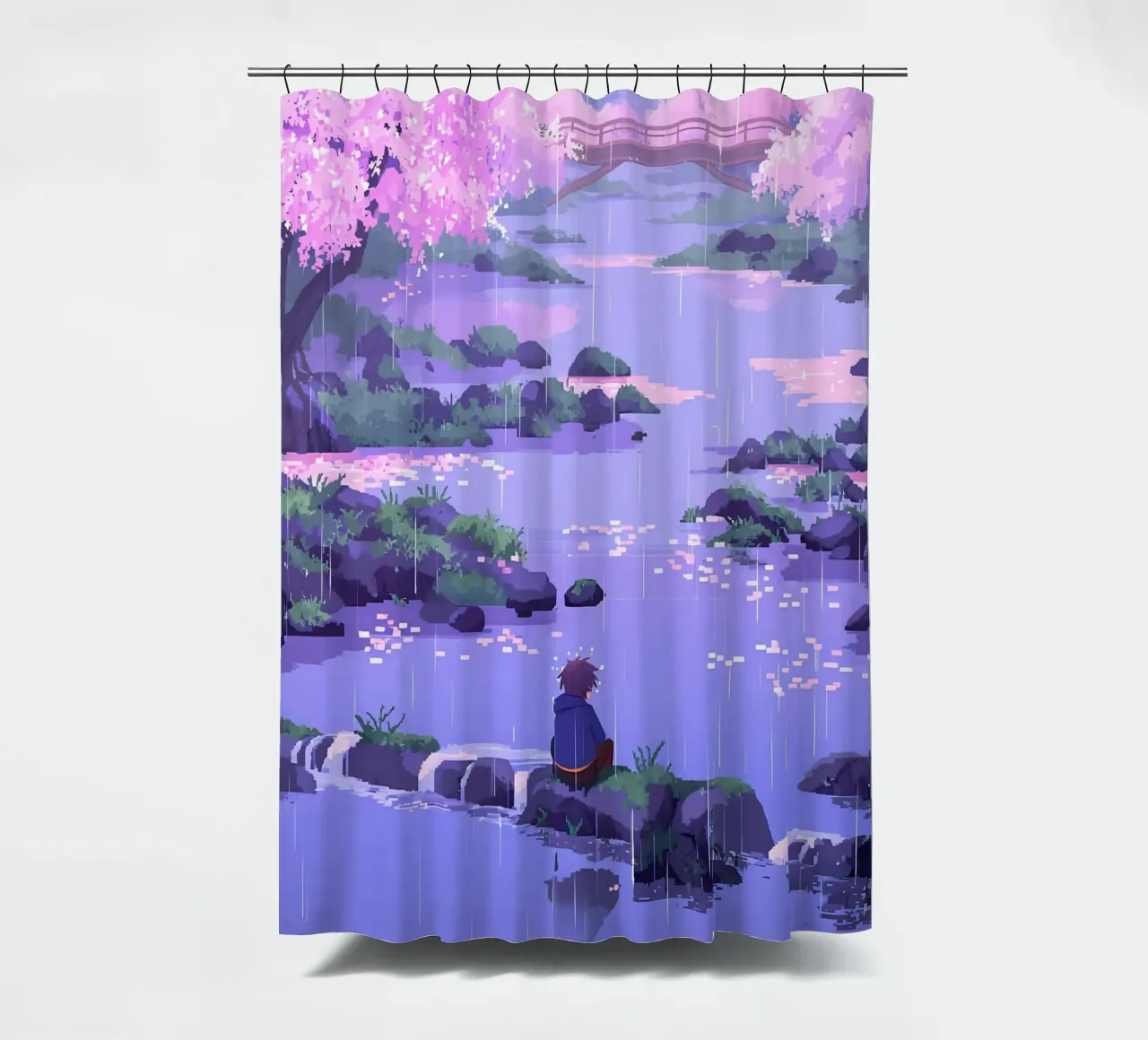 Ragazzo seduto su una roccia del fiume in un fiore di ciliegio Lofi Art tenda da doccia da LoFi Gallery