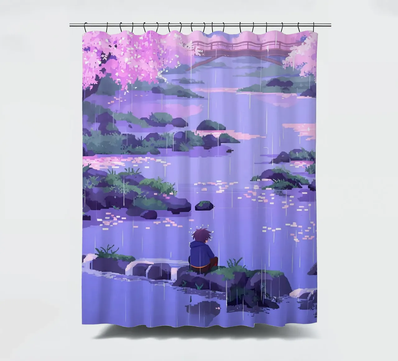 Ragazzo seduto su una roccia del fiume in un fiore di ciliegio Lofi Art tenda da doccia da LoFi Gallery