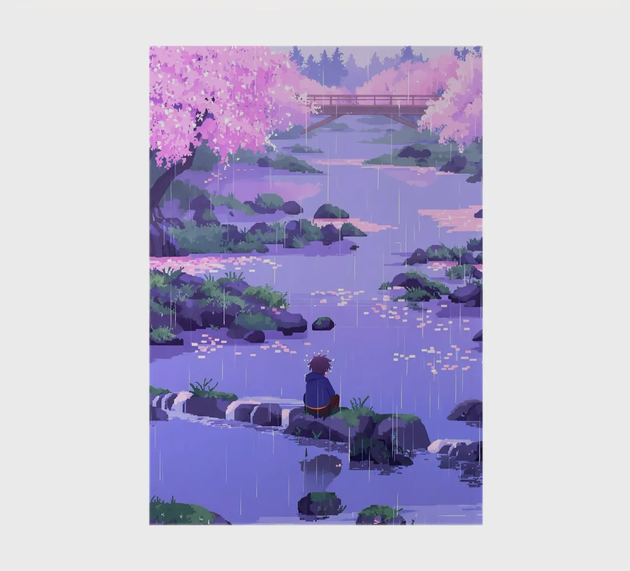 Ragazzo seduto su una roccia del fiume in un fiore di ciliegio Lofi Art diario da LoFi Gallery