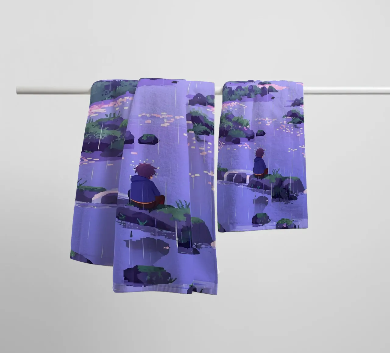 Ragazzo seduto su una roccia del fiume in un fiore di ciliegio Lofi Art asciugamano da bagno da LoFi Gallery