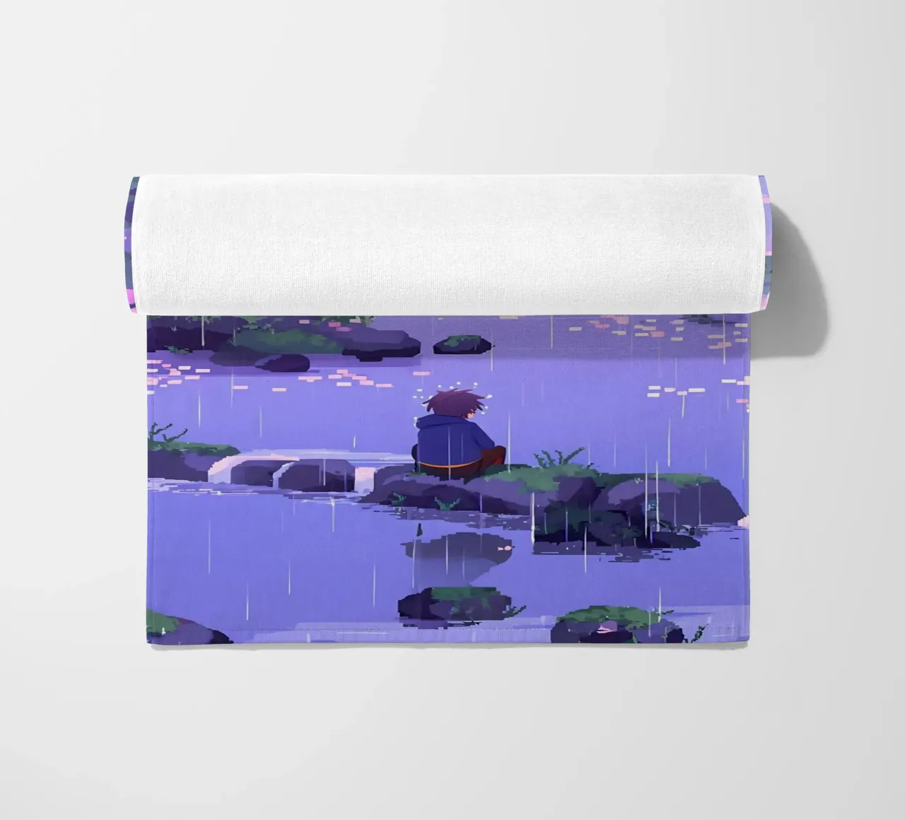 Ragazzo seduto su una roccia del fiume in un fiore di ciliegio Lofi Art telo mare da LoFi Gallery