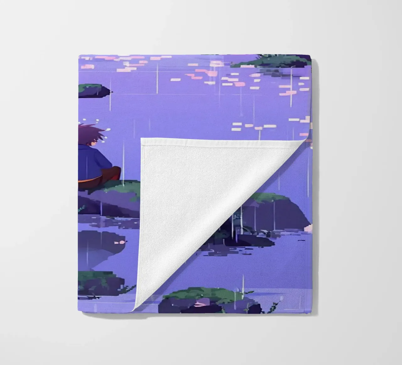 Ragazzo seduto su una roccia del fiume in un fiore di ciliegio Lofi Art telo mare da LoFi Gallery