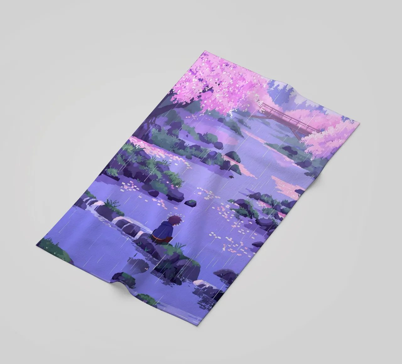 Ragazzo seduto su una roccia del fiume in un fiore di ciliegio Lofi Art telo mare da LoFi Gallery