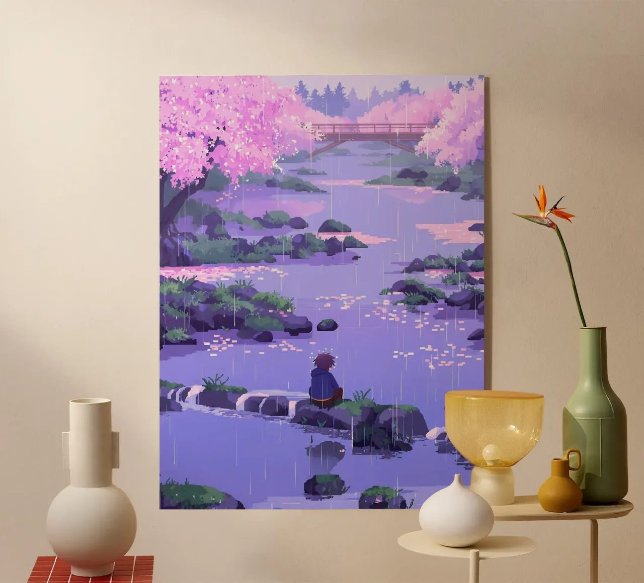 Ragazzo seduto su una roccia del fiume in un fiore di ciliegio Lofi Art plexiglass da LoFi Gallery