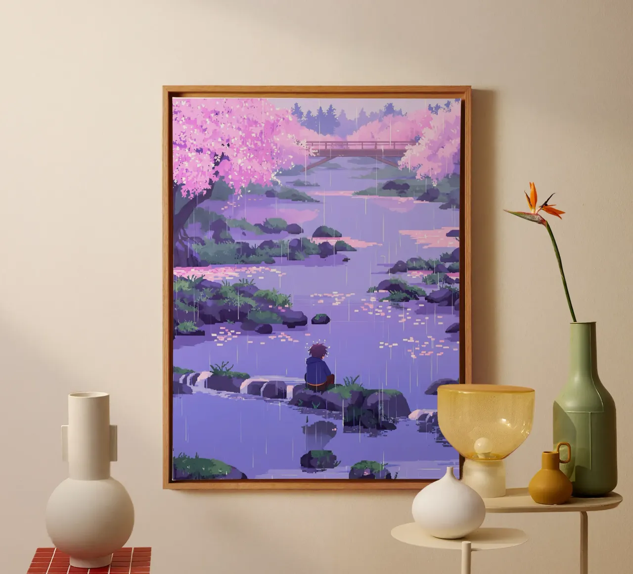 Ragazzo seduto su una roccia del fiume in un fiore di ciliegio Lofi Art tela con Cornice a cassetta da LoFi Gallery