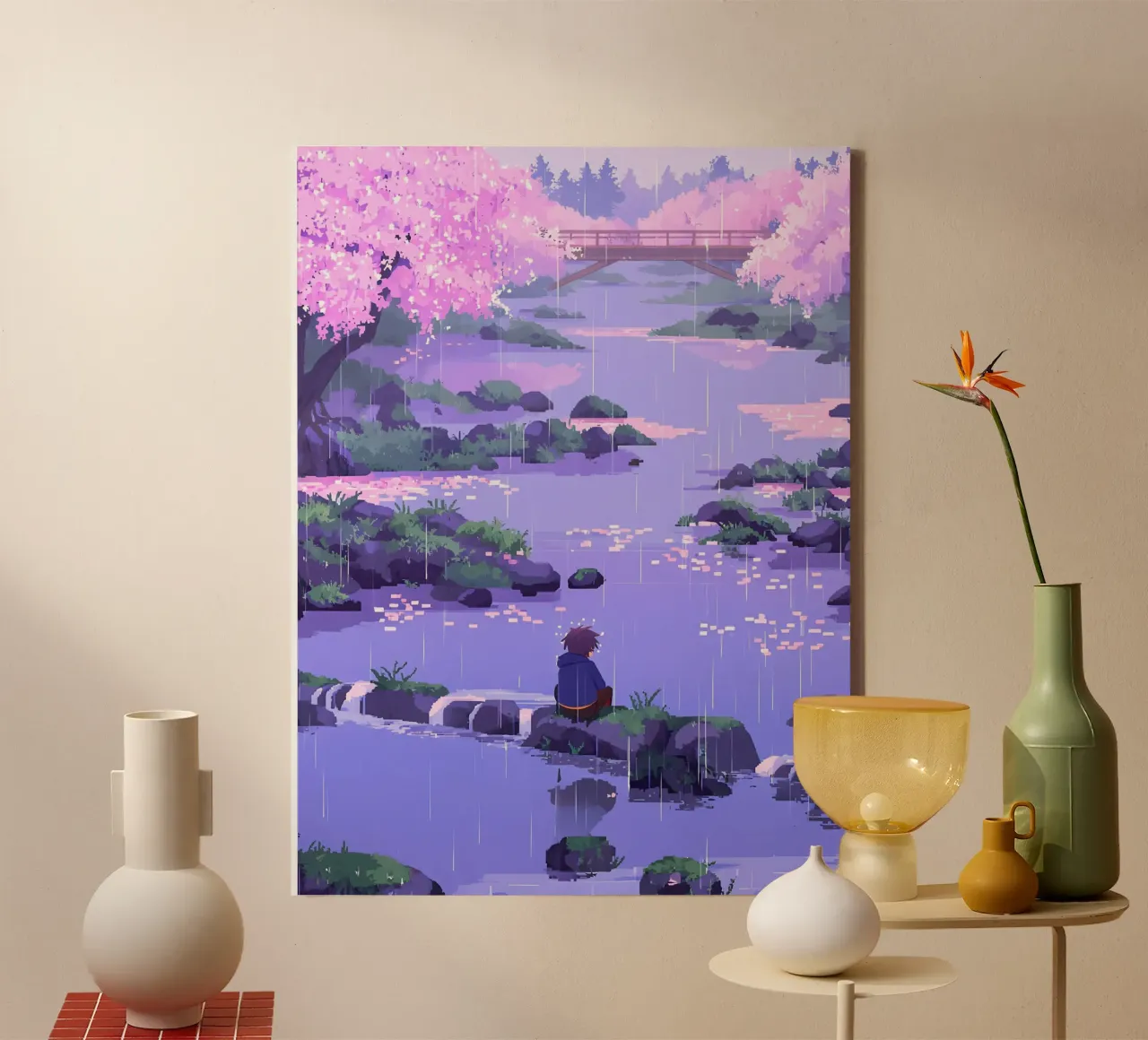 Ragazzo seduto su una roccia del fiume in un fiore di ciliegio Lofi Art tela con Cornice a cassetta da LoFi Gallery