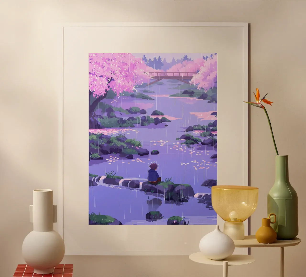 Ragazzo seduto su una roccia del fiume in un fiore di ciliegio Lofi Art carta hahnemühle da LoFi Gallery