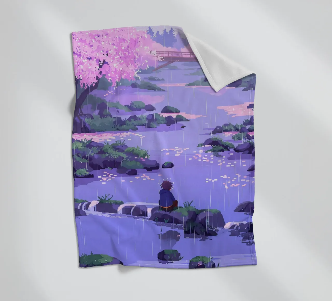 Ragazzo seduto su una roccia del fiume in un fiore di ciliegio Lofi Art coperta in pile da LoFi Gallery