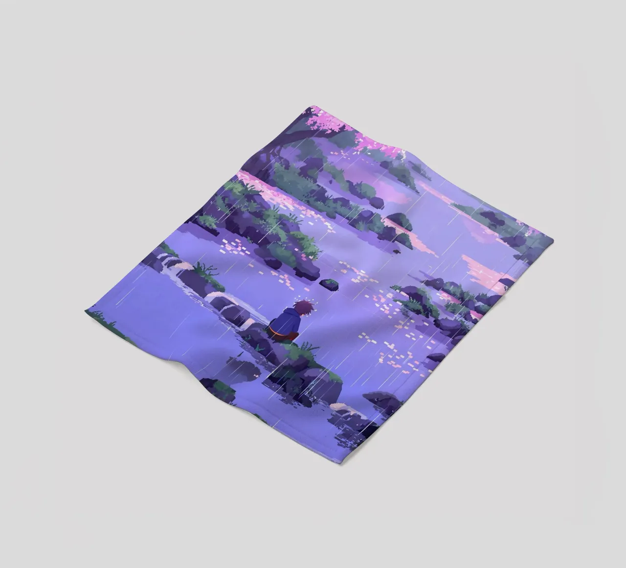 Ragazzo seduto su una roccia del fiume in un fiore di ciliegio Lofi Art coperta in pile da LoFi Gallery