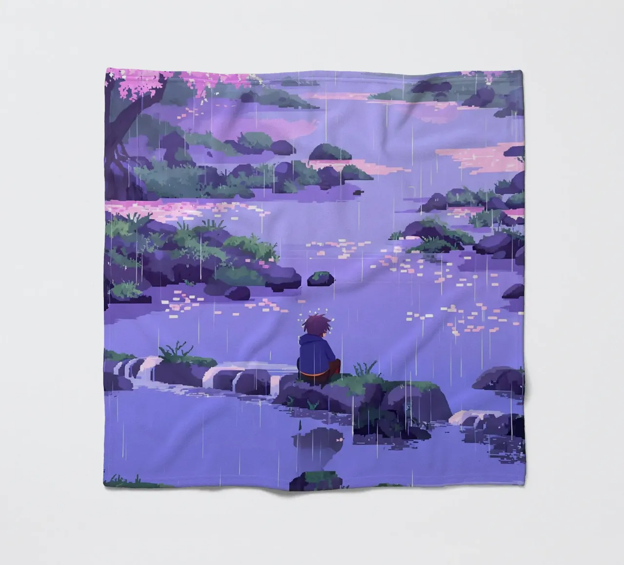 Ragazzo seduto su una roccia del fiume in un fiore di ciliegio Lofi Art coperta in pile da LoFi Gallery