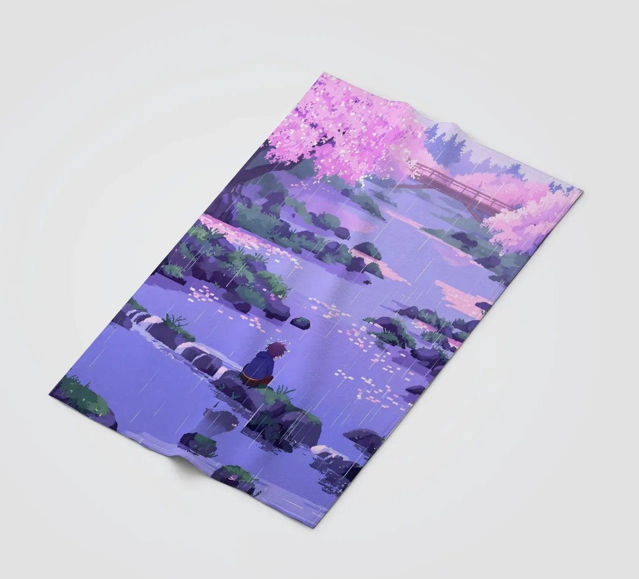 Ragazzo seduto su una roccia del fiume in un fiore di ciliegio Lofi Art coperta in pile da LoFi Gallery