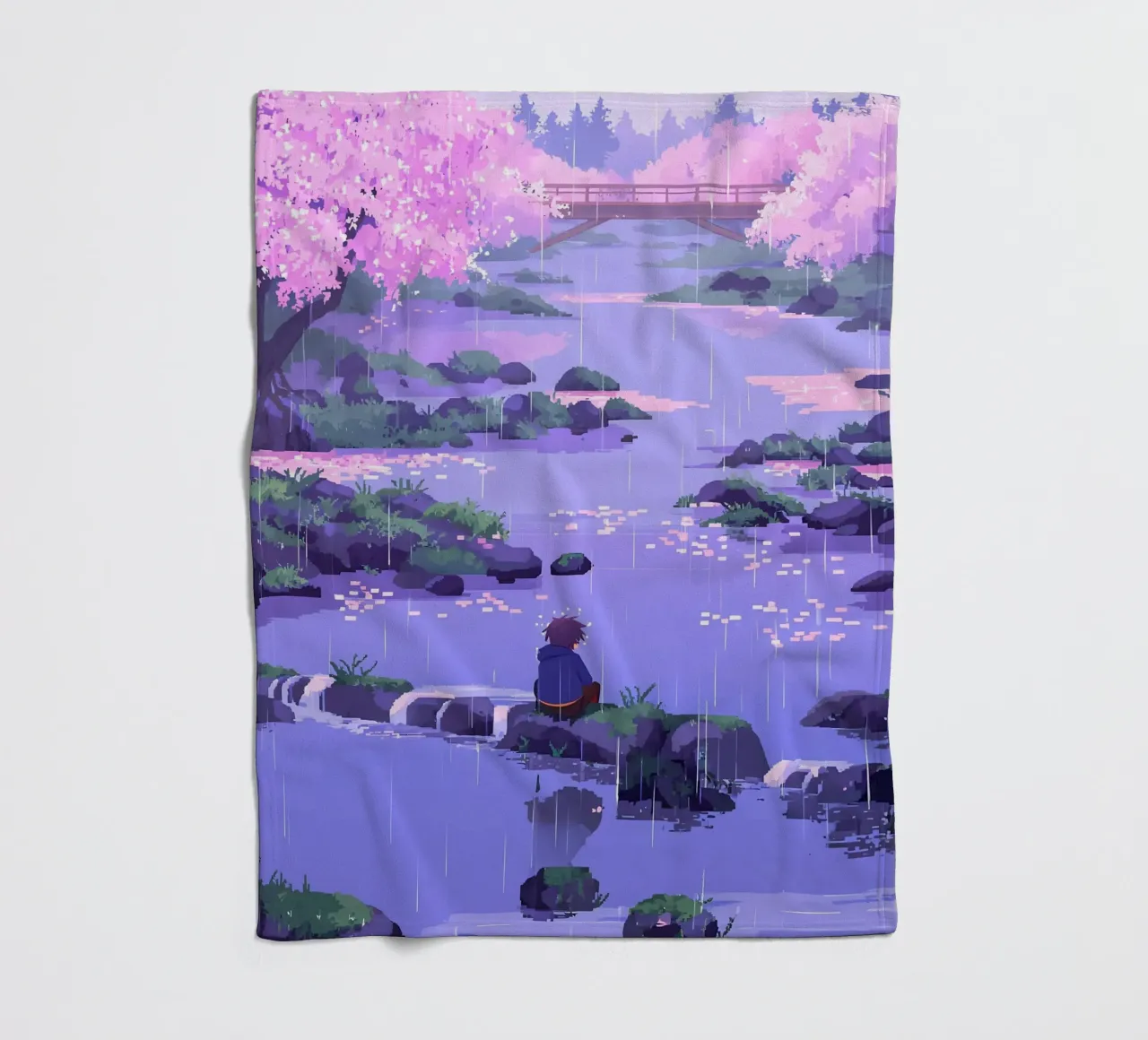 Ragazzo seduto su una roccia del fiume in un fiore di ciliegio Lofi Art coperta in pile da LoFi Gallery