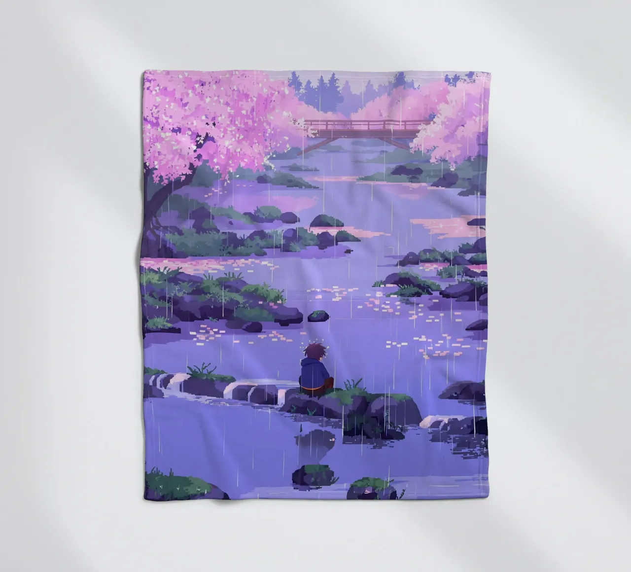 Ragazzo seduto su una roccia del fiume in un fiore di ciliegio Lofi Art coperta in pile da LoFi Gallery
