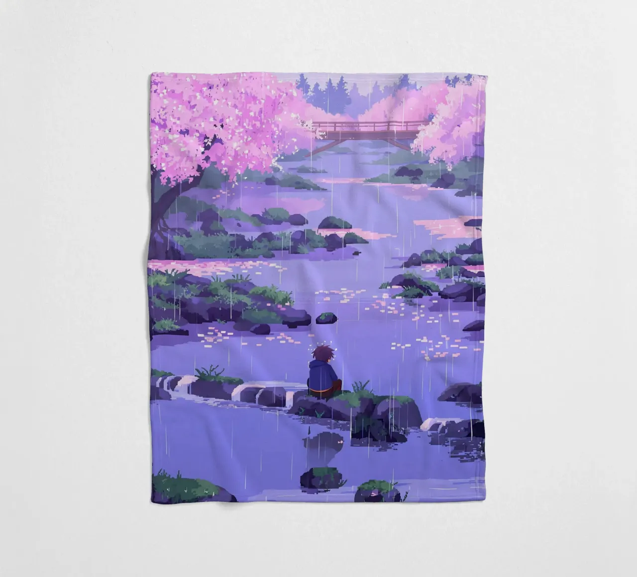 Ragazzo seduto su una roccia del fiume in un fiore di ciliegio Lofi Art coperta in pile da LoFi Gallery
