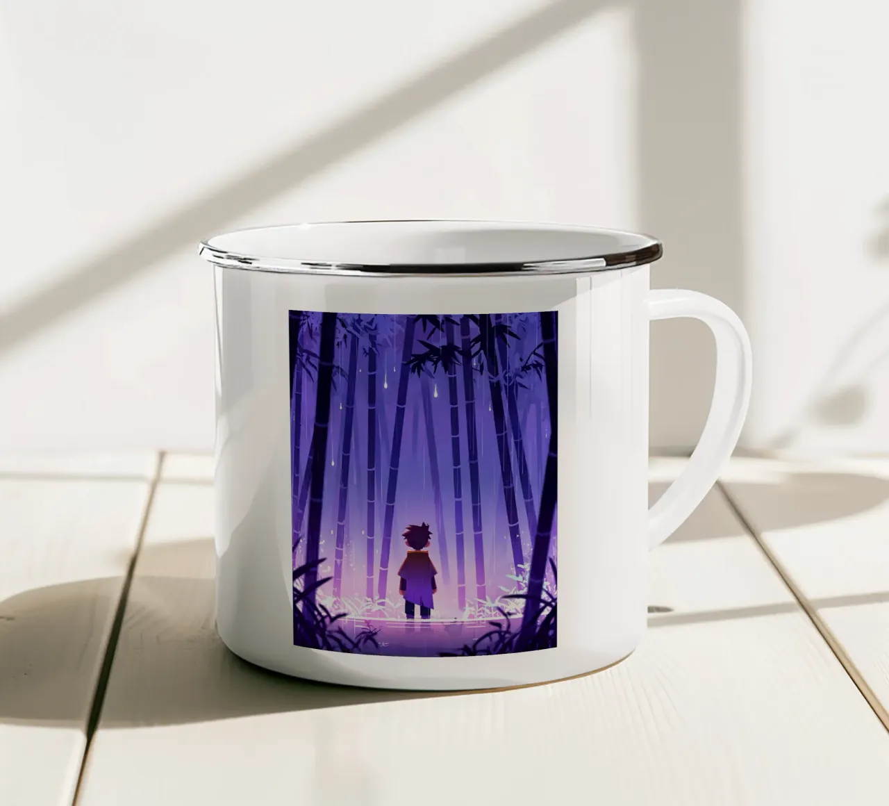 Ragazzo in piedi da solo in una foresta di bambù Lofi Art tazza in smalto da LoFi Gallery