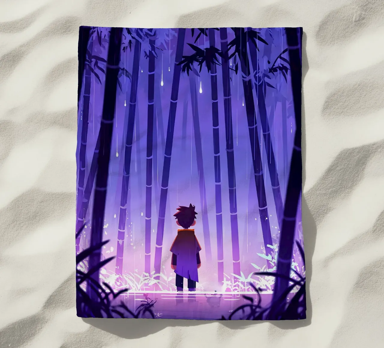 Ragazzo in piedi da solo in una foresta di bambù Lofi Art telo mare da LoFi Gallery