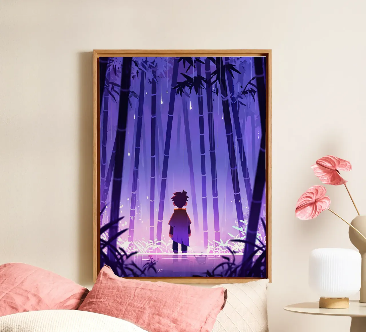 Ragazzo in piedi da solo in una foresta di bambù Lofi Art tela con Cornice a cassetta da LoFi Gallery