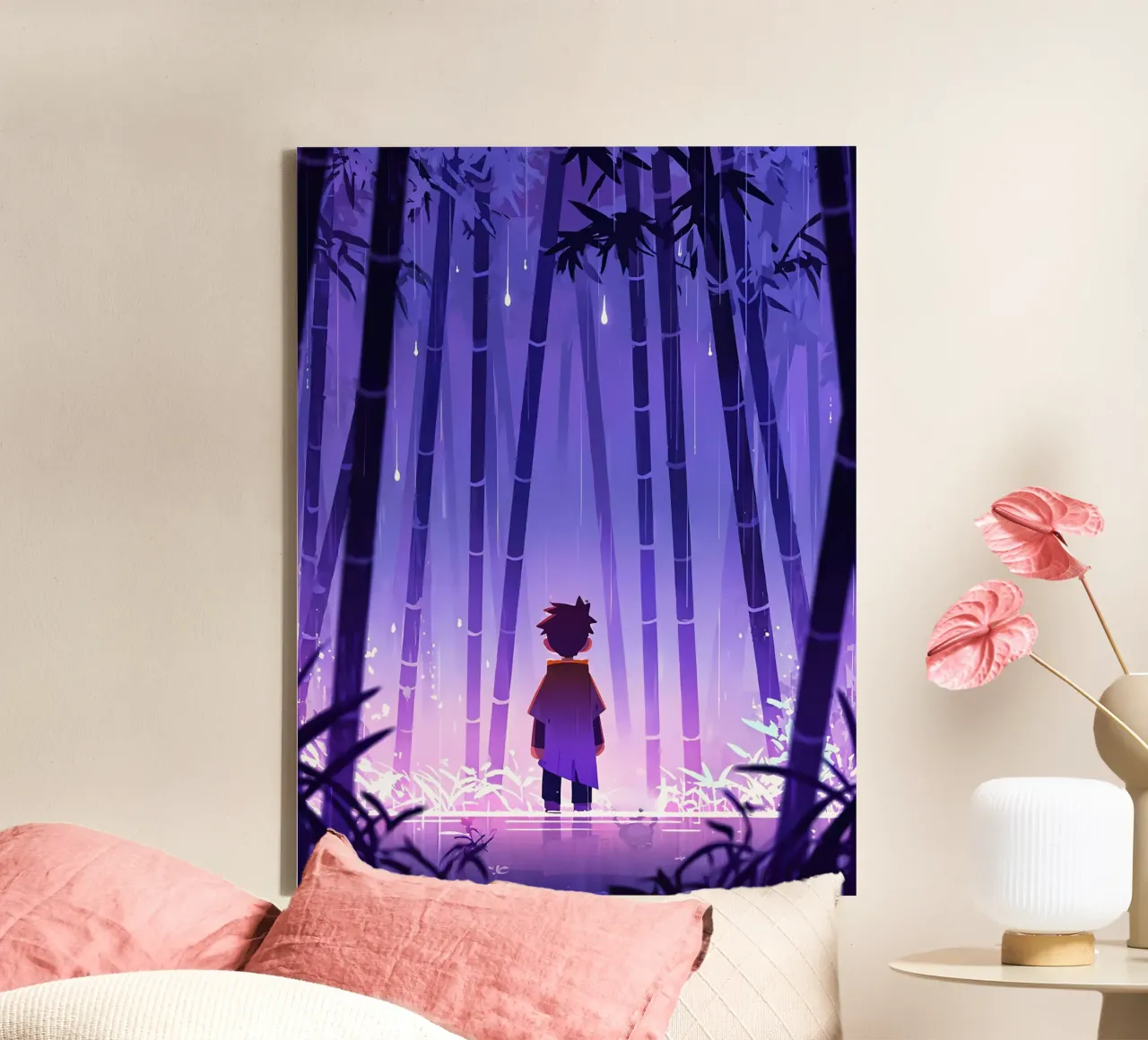 Ragazzo in piedi da solo in una foresta di bambù Lofi Art tela con Cornice a cassetta da LoFi Gallery