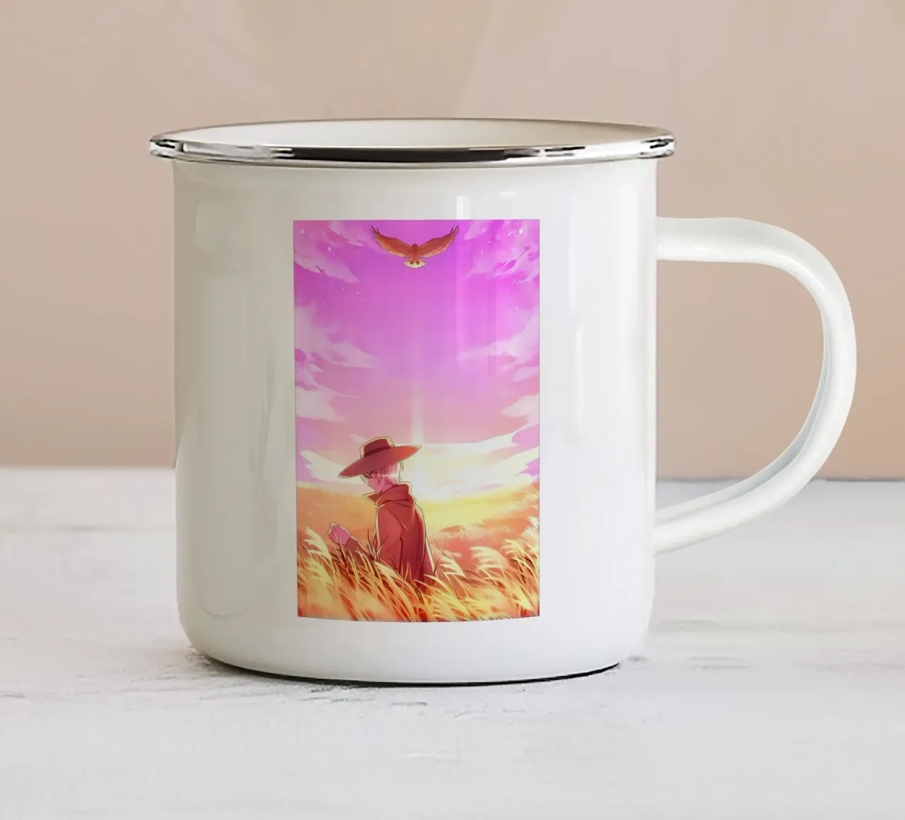 Persona e un'aquila in un campo di grano Lofi Art tazza in smalto da LoFi Gallery