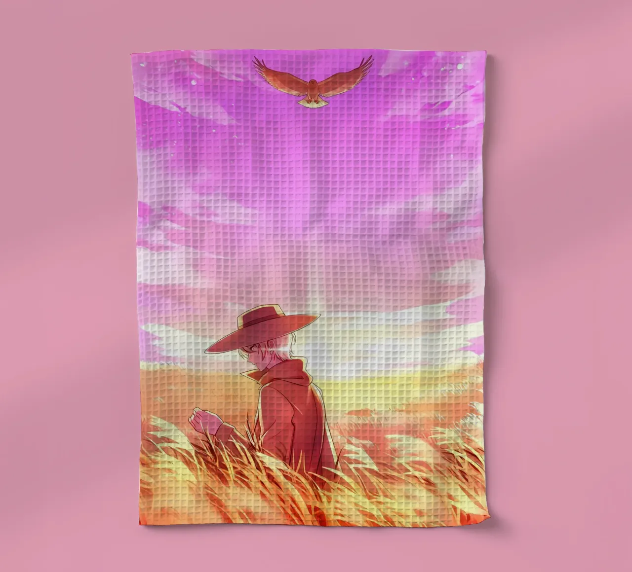 Personne et aigle dans un champ de blé Lofi Art torchon de LoFi Gallery