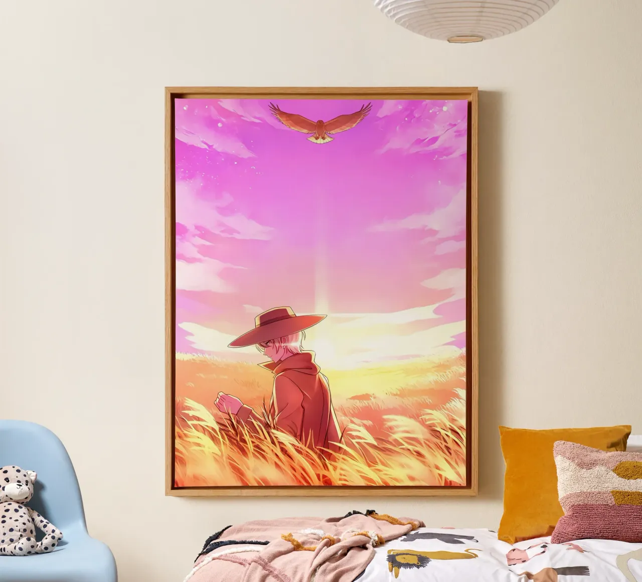 Person And An Eagle In A Wheat Field Lofi Art canvas with Floater frame by LoFi Gallery