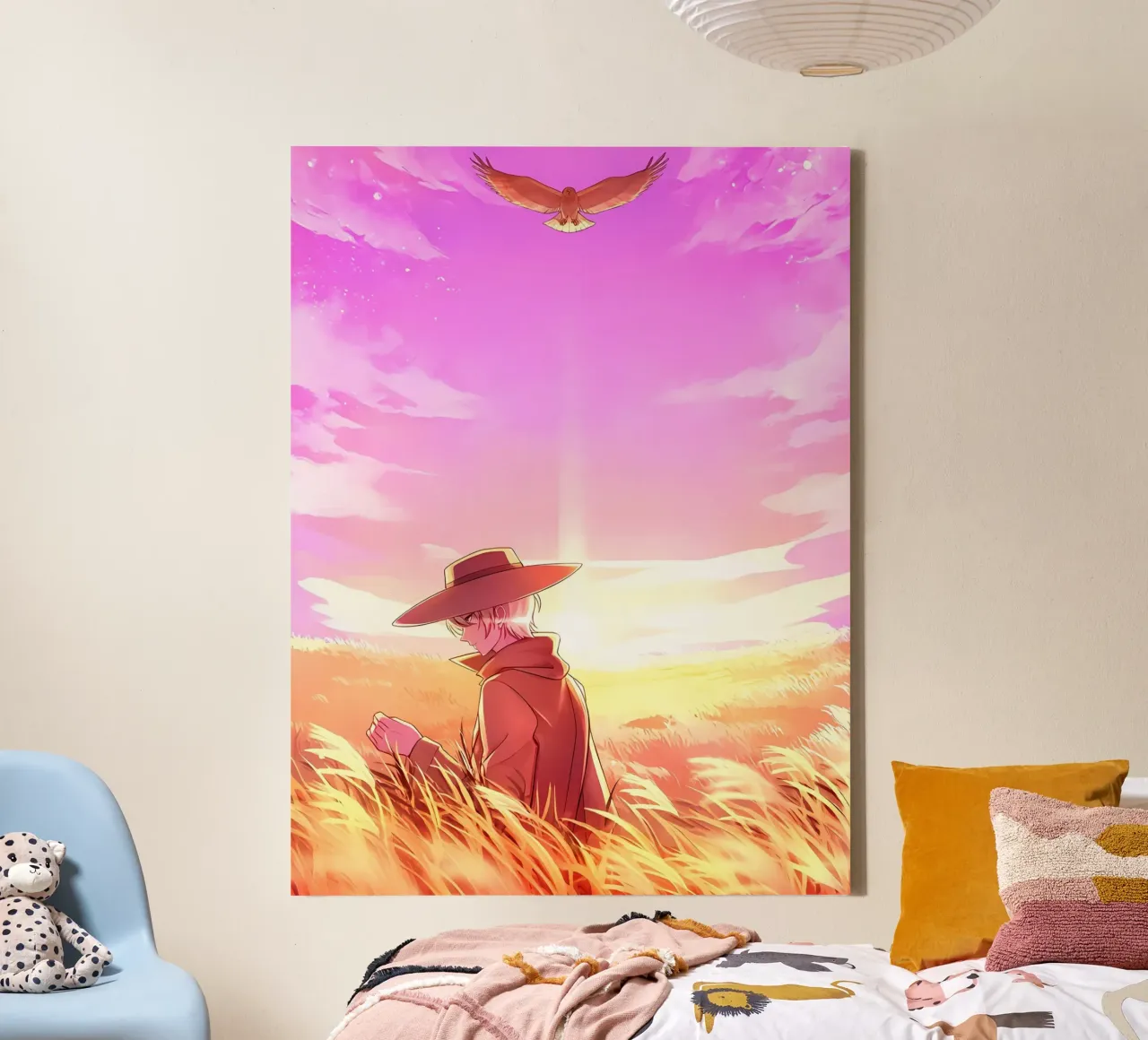 Person And An Eagle In A Wheat Field Lofi Art canvas with Floater frame by LoFi Gallery