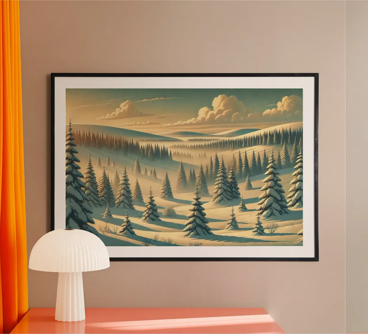Poster d'epoca Finlandia, foresta invernale della Lapponia poster con telaio in plastica da Chromatic Fusion Studio