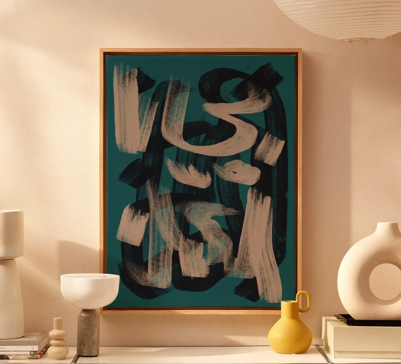 Droog penseel abstract in donkergroen canvas met Baklijst van Little Dean
